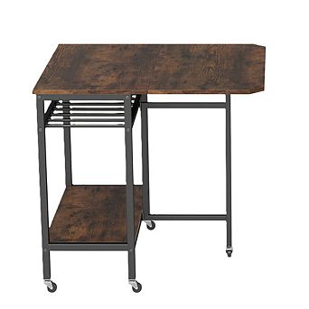 Gymax Folding Dining Table Movable Kitchen Table w/ Wine Rack Storage Shelf & Wheels