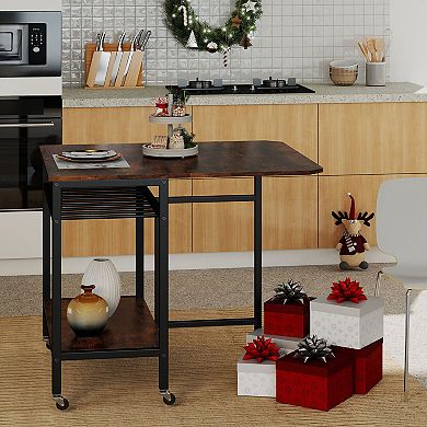 Gymax Folding Dining Table Movable Kitchen Table w/ Wine Rack Storage Shelf & Wheels