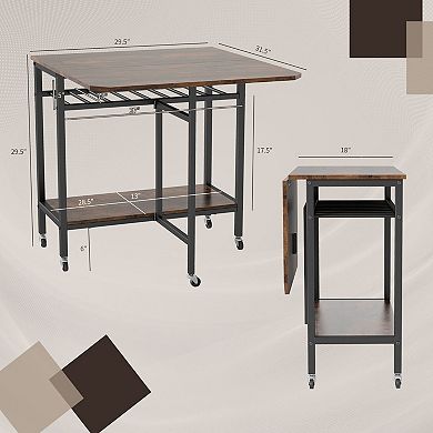 Gymax Folding Dining Table Movable Kitchen Table w/ Wine Rack Storage Shelf & Wheels