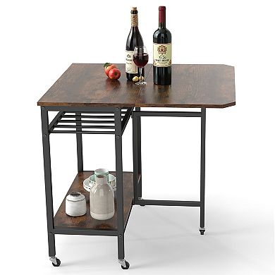 Gymax Folding Dining Table Movable Kitchen Table w/ Wine Rack Storage Shelf & Wheels