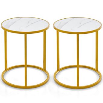 Gymax 2 pc Sintered Stone Top Round Side Table End Table w/ Golden Metal Frame