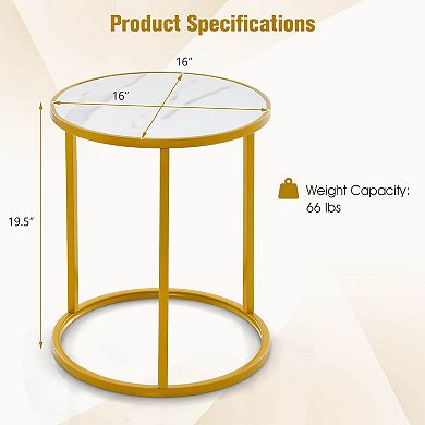 Gymax 2 PCS Sintered Stone Top Round Side Table End Table w/ Golden Metal Frame