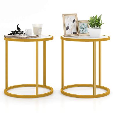 Gymax 2 PCS Sintered Stone Top Round Side Table End Table w/ Golden Metal Frame