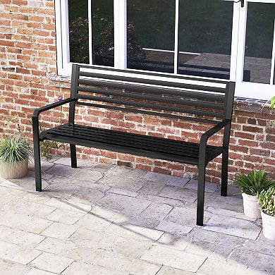 Gymax 50'' Outdoor Metal Park Bench for 2-3 People w/ Armrests & Backrest for Backyard