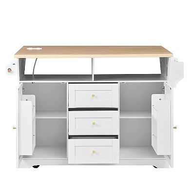 KWPZQEB Kitchen Island with 2 Drop Leaf, Folding Dining Table with Spice & Towel Rack, Power Outlet