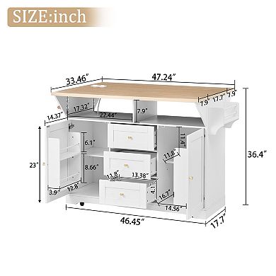 KWPZQEB Kitchen Island with 2 Drop Leaf, Folding Dining Table with Spice & Towel Rack, Power Outlet