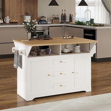 KWPZQEB Kitchen Island with 2 Drop Leaf, Folding Dining Table with Spice & Towel Rack, Power Outlet