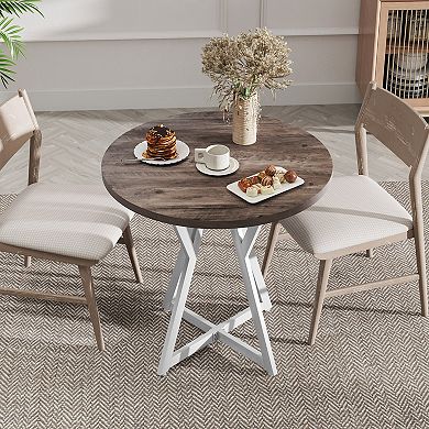 Gymax 31.5 Inch Round Dining Table for 2-4 Thick Wooden Tabletop Metal Pedestal Base