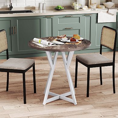 Gymax 31.5 Inch Round Dining Table for 2-4 Thick Wooden Tabletop Metal Pedestal Base