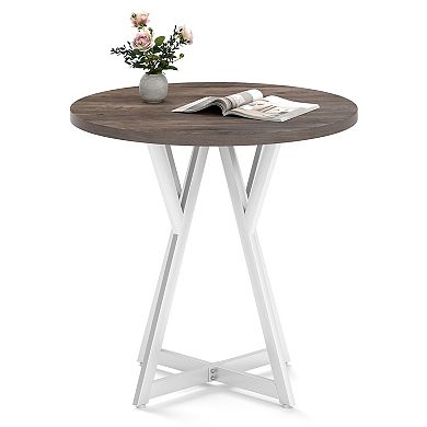 Gymax 31.5 Inch Round Dining Table for 2-4 Thick Wooden Tabletop Metal Pedestal Base