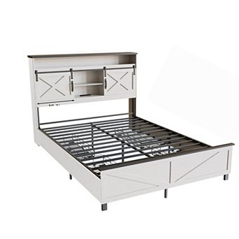 Farmhouse Bed Frame with LED Light and Charging Station, Metal Platform,No Box Spring Needed