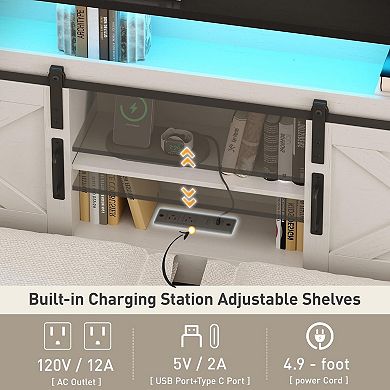 Farmhouse Bed Frame with LED Light and Charging Station, Metal Platform,No Box Spring Needed