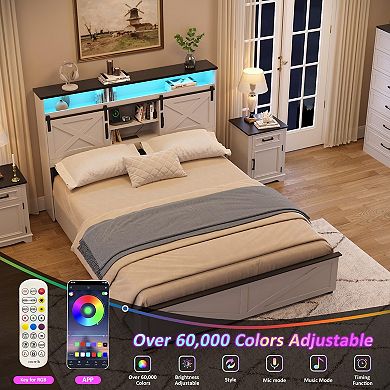 Farmhouse Bed Frame with LED Light and Charging Station, Metal Platform,No Box Spring Needed
