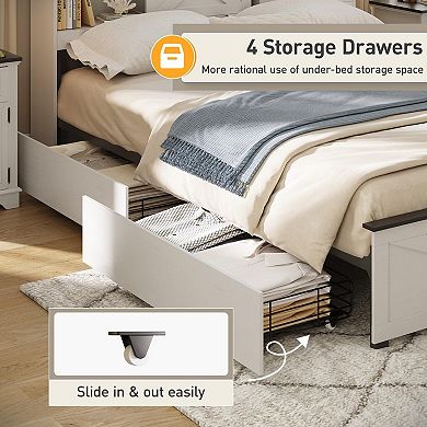 Farmhouse Bed Frame with LED Light and Charging Station, Metal Platform,No Box Spring Needed