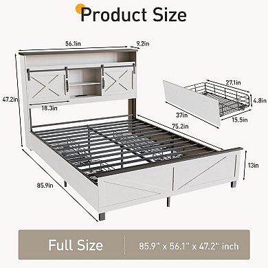 Farmhouse Bed Frame with LED Light and Charging Station, Metal Platform,No Box Spring Needed