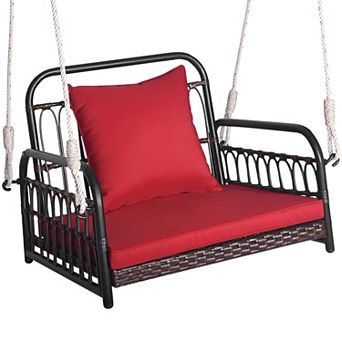 Gymax Single Person Hanging Swing Outdoor Hanging Seat w/ Back Cushion & Seat Cushion