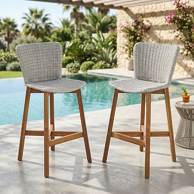 Outdoor Wood Bar Stools Chair with Wicker Seat (Set of 2)