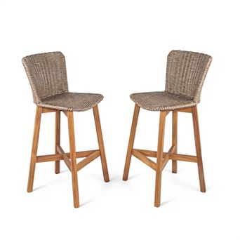 Outdoor Wood Bar Stools Chair with Wicker Seat (Set of 2)