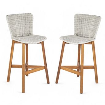 Outdoor Wood Bar Stools Chair with Wicker Seat (Set of 2)