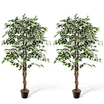 Gymax Artificial Ficus Tree Tall Faux Indoor Plant w/ 1008 Leaves Natural Wood Trunk