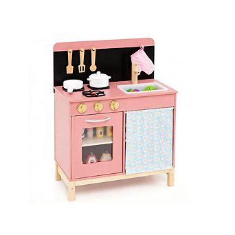 Gymax Play Kitchen for Kids w/ Door Curtain Stoves Sink & Oven Cookware Accessories