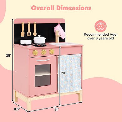Gymax Play Kitchen for Kids w/ Door Curtain Stoves Sink & Oven Cookware Accessories