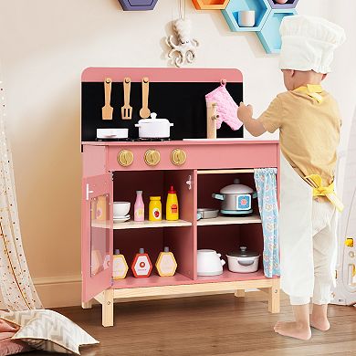 Gymax Play Kitchen for Kids w/ Door Curtain Stoves Sink & Oven Cookware Accessories