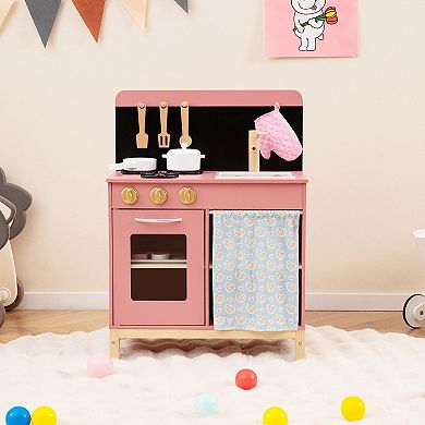 Gymax Play Kitchen for Kids w/ Door Curtain Stoves Sink & Oven Cookware Accessories