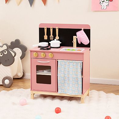 Gymax Play Kitchen for Kids w/ Door Curtain Stoves Sink & Oven Cookware Accessories
