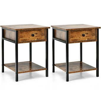 Gymax 1PC/2 pc Industrial End Side Table Nightstand with Drawer Shelf Rustic Brown