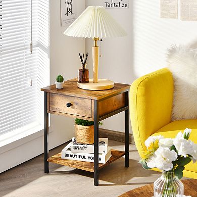 Gymax 1PC/2PCS Industrial End Side Table Nightstand with Drawer Shelf Rustic Brown