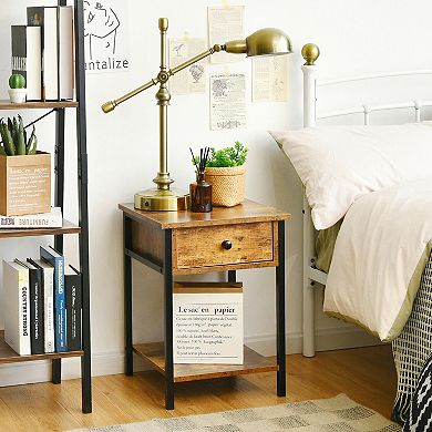 Gymax 1PC/2PCS Industrial End Side Table Nightstand with Drawer Shelf Rustic Brown