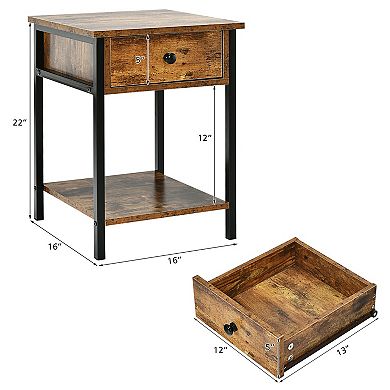 Gymax 1PC/2PCS Industrial End Side Table Nightstand with Drawer Shelf Rustic Brown