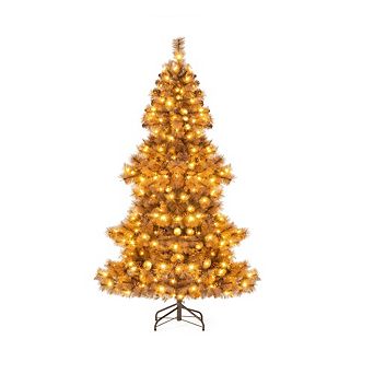 Gymax 6 FT Pre-Lit Artificial Christmas Tree Hinged Chocolate-Color Xmas Tree w/ 493 Pine Needles
