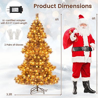 Gymax 6 FT Pre-Lit Artificial Christmas Tree Hinged Chocolate-Color Xmas Tree w/ 493 Pine Needles