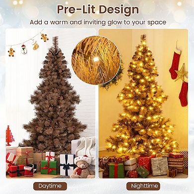 Gymax 6 FT Pre-Lit Artificial Christmas Tree Hinged Chocolate-Color Xmas Tree w/ 493 Pine Needles