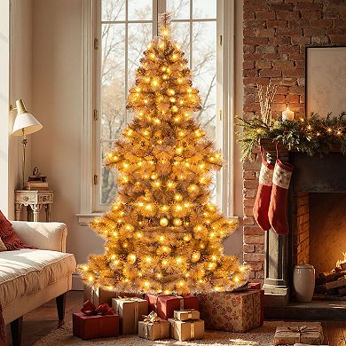 Gymax 6 FT Pre-Lit Artificial Christmas Tree Hinged Chocolate-Color Xmas Tree w/ 493 Pine Needles