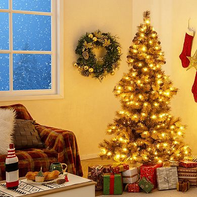 Gymax 6 FT Pre-Lit Artificial Christmas Tree Hinged Chocolate-Color Xmas Tree w/ 493 Pine Needles