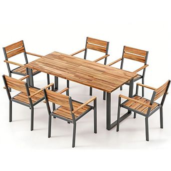 Gymax 7 pc Patio Dining Set 69'' Rectangle Table w/ 6 Stackable Chairs