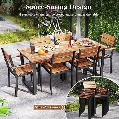 Gymax 7 Piece Patio Dining Set 69'' Rectangle Table w/ 6 Stackable Chairs