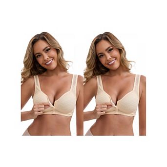 2 Packs Women's Lace Front Closure Full Cup Wireless Bra V-Neck Wide Straps Soft Push Up Bras