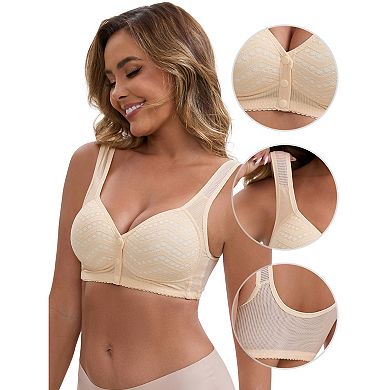 2 Packs Women's Lace Front Closure Full Cup Wireless Bra V-Neck Wide Straps Soft Push Up Bras