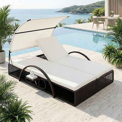 Outdoor Steel Frame Sun Double Lounger with Adjustable Backrest and Cushions