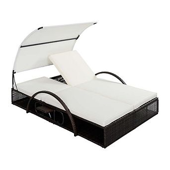 Outdoor Steel Frame Sun Double Lounger with Adjustable Backrest and Cushions