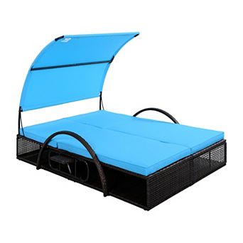 Outdoor Steel Frame Sun Double Lounger with Adjustable Backrest and Cushions