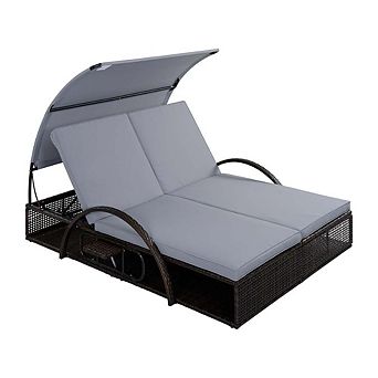 Outdoor Steel Frame Sun Double Lounger with Adjustable Backrest and Cushions