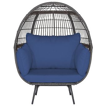 Gymax Patio Rattan Wicker Lounge Chair Oversized Outdoor Metal Frame Egg Chair w/ 4 Cushions