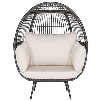 Gymax Patio Rattan Wicker Lounge Chair Oversized Outdoor Metal Frame Egg Chair w/ 4 Cushions