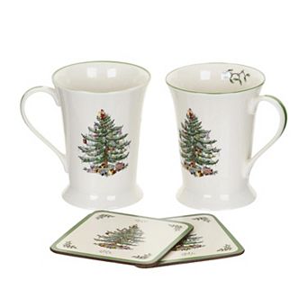 Pimpernel Spode Christmas Tree Mug & Coaster Set - 2 Porcelain Cups with Handles & 2 Coasters