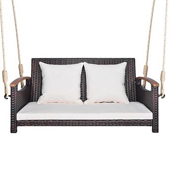 Gymax 2-seater hanging swing porch swing PE wicker swing outdoor hanging swing garden poolside